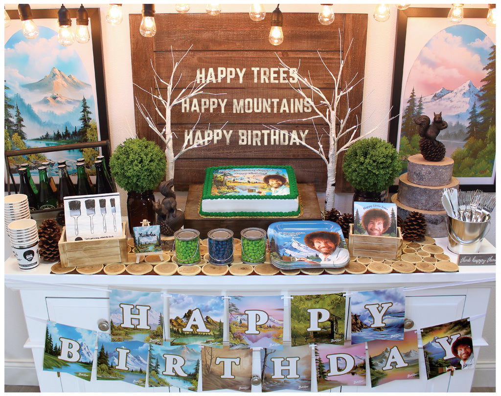 Bob Ross Party Supplies Happy Trees Happy Mountains quotes on all the items