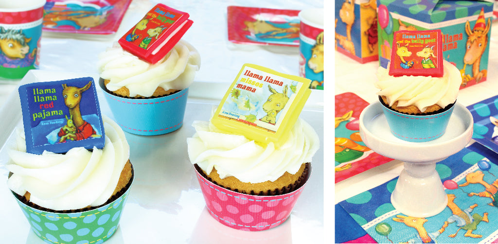 3 cupcakes with colorful, edible Llama Llama book cupcake toppers 