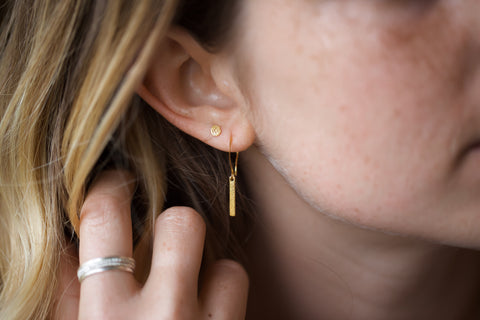 gold mini bar earring and gold dot stud