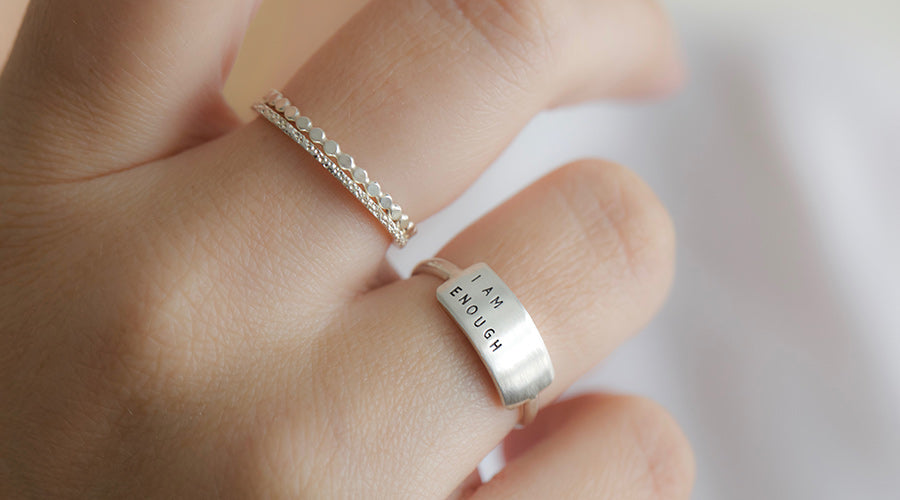 i am enough cherished inspiRING with diamond dusted petite stacker and sparkle ring on model