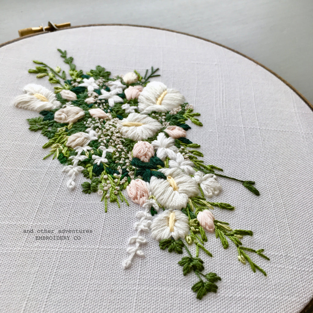 Cascading white, green, blush wedding bouquet by And Other Adventures Embroidery Co