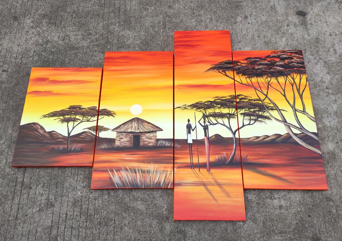 African Painting, Oil Painting for Sale, African Woman Village Sunset Painting, Buy Art Online