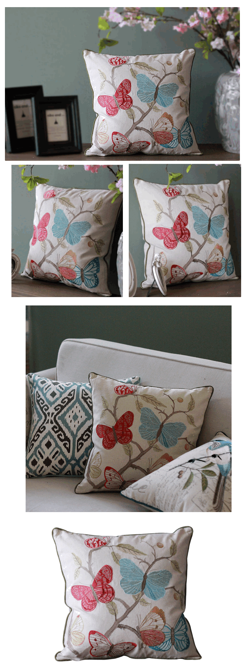 Embroider Butterfly Cotton and linen Pillow Cover, Decorative Throw Pillow