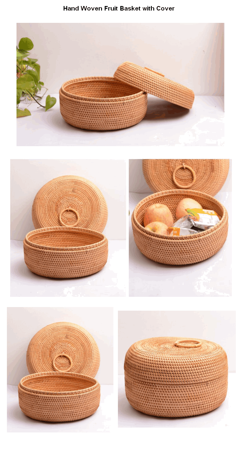 Cute Hand Woven Storage Basket with Cover, Lovely Woven Basket, Vietnam Round Basket