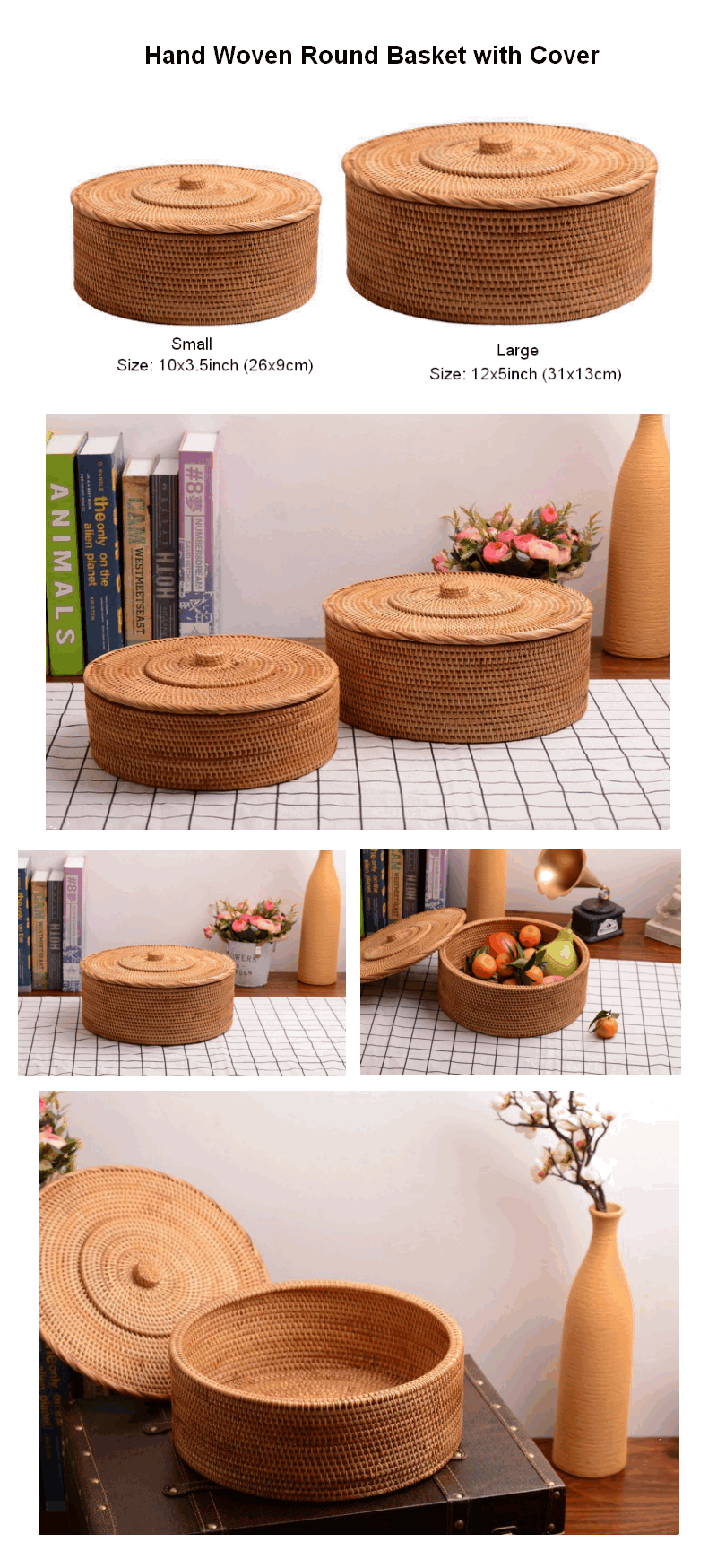 Round Hand Woven Rattan Basket with Cover