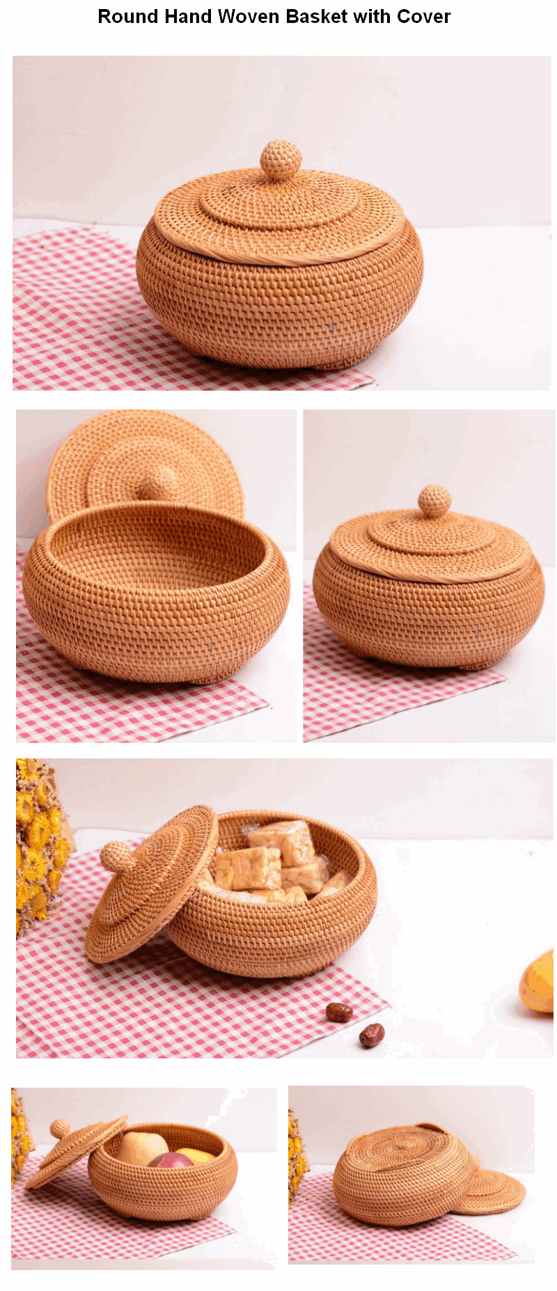 Lovely Hand Woven Storage Basket with Cover, Cute Woven Basket, Vietnam Round Basket