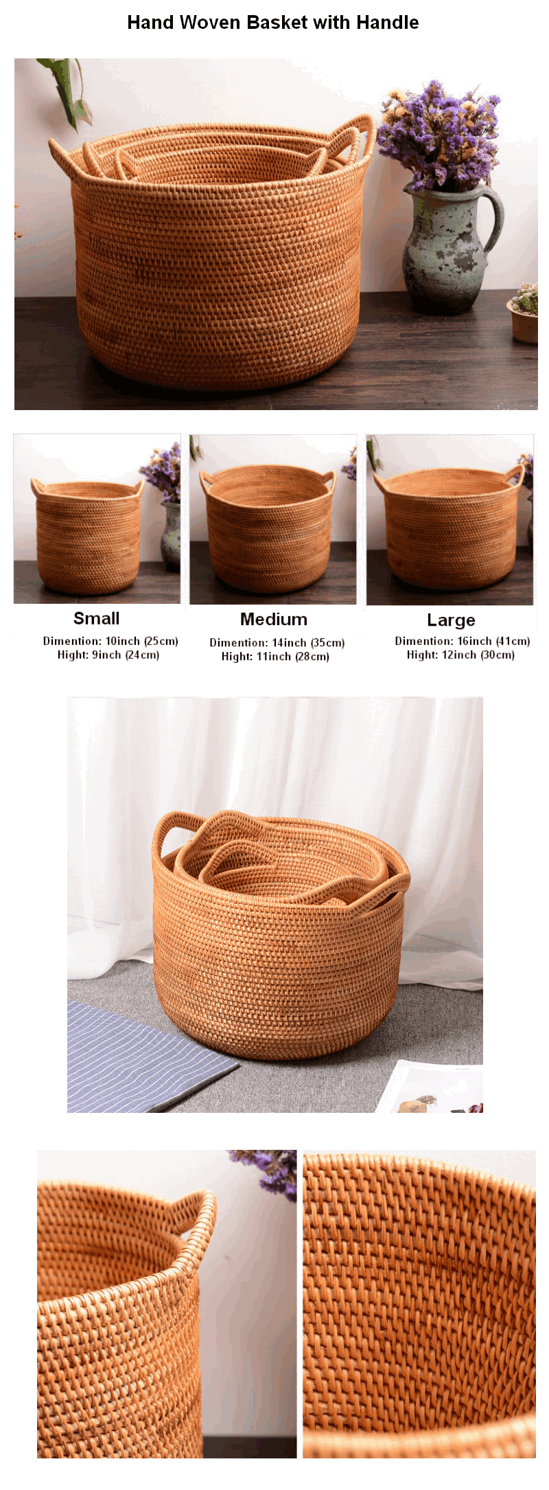 Large Hand Woven Fruit Basket with Handle, Large Woven Basket, Vietnam Round Basket