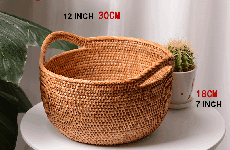 Round Woven Basket with Handle, Vietnam Traditional Handmade Rattan Wicker Storage Basket