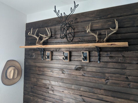 mud room hooks and horns with cowboy hat hanging up