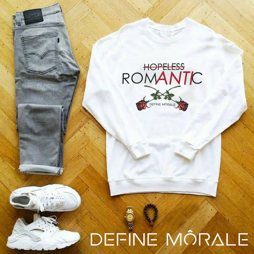 Hopeless Romantic White Unisex Sweatshirt Define Morale