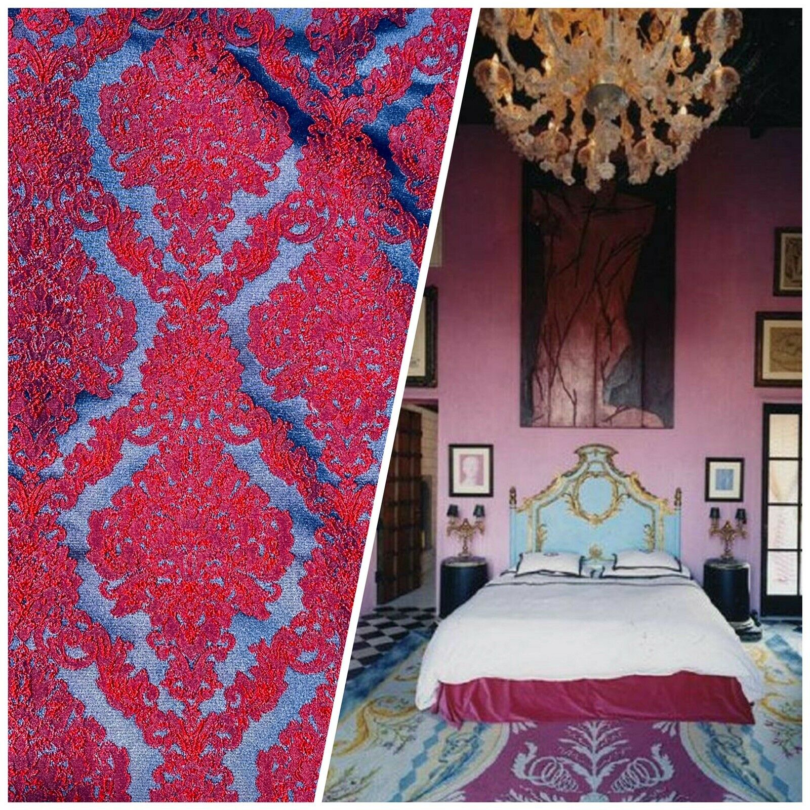 NEW Princess Giselle Designer Damask Satin Drapery Upholstery Fabric - Electric Red & Navy Blue