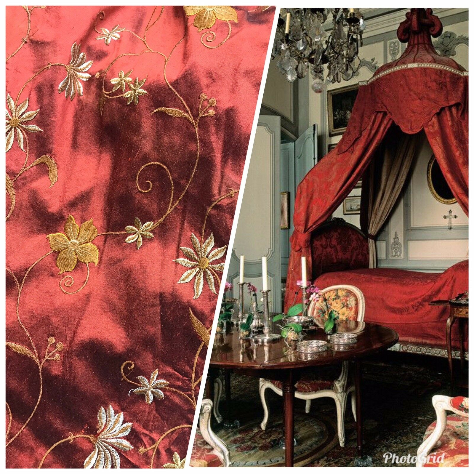SALE! Designer 100% Silk Taffeta Embroidery Floral Fabric Rust Red- Textured