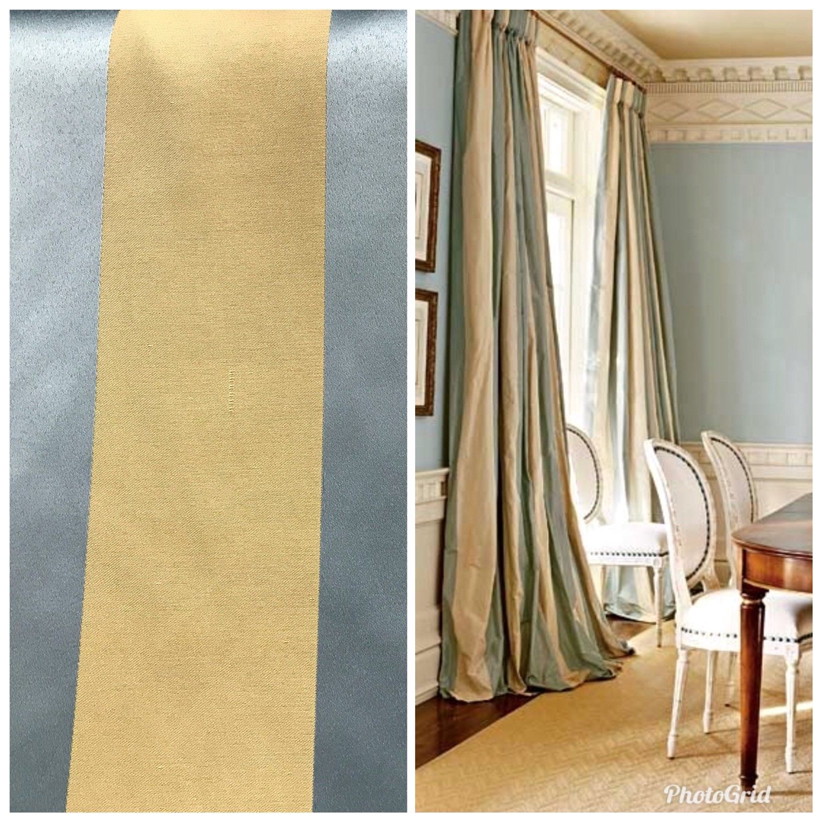 SWATCH Stripe Satin Interior Design Fabric Antique Blue And Gold