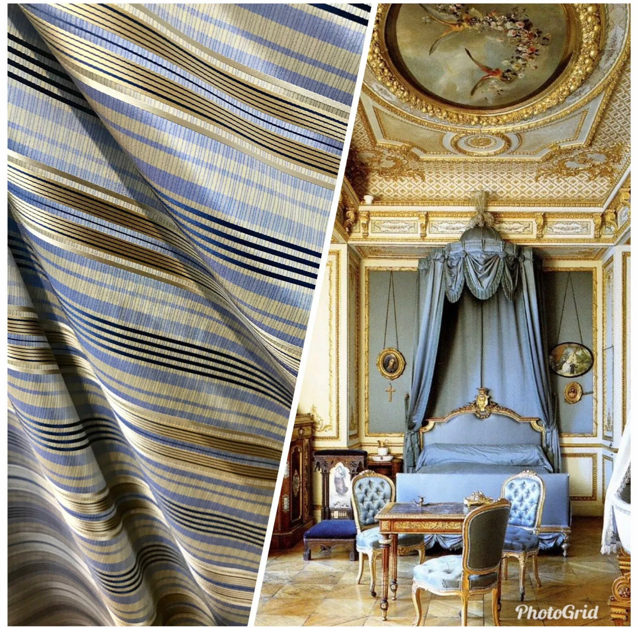 100% Silk Taffeta Ribbon Striped Blue and Gold Fabric