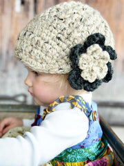 Oatmeal and charcoal gray flower beanie winter hat by Two Seaside Babes