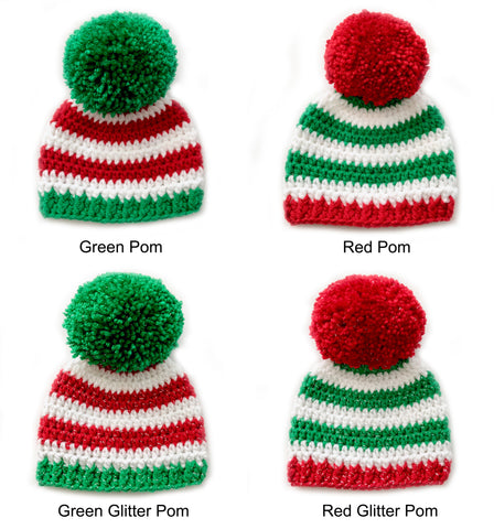 4 color combinations striped Christmas hat with giant pom pom by Two Seaside Babes