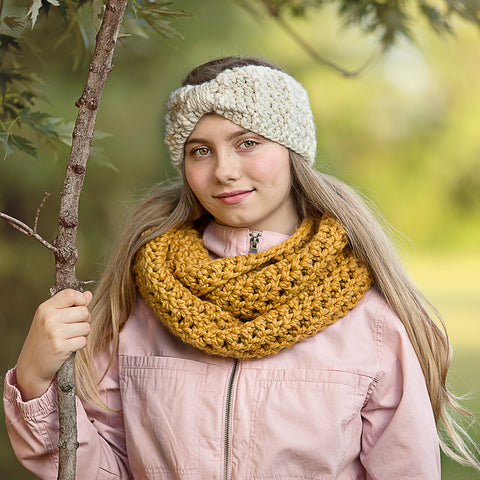 Two Seaside Babes 2019 Fall Collection - Mustard Infinity Cowl Winter Scarf & Cream Sparkle Knotted Bow Winter Headband