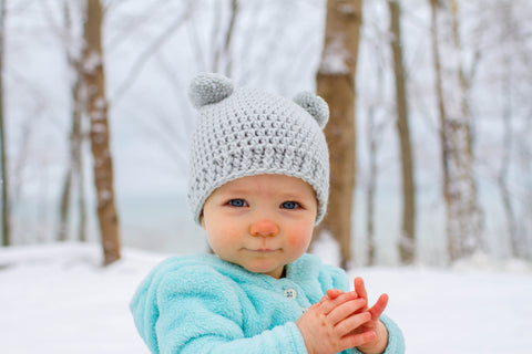 Pale gray mini pom pom hat by Two Seaside Babes