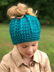 Teal messy bun ponytail beanie by Two Seaside Babes