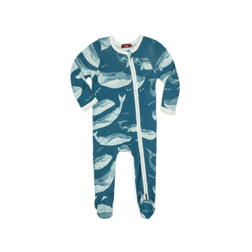 Bamboo Zipper Footed Romper, Blue Whale