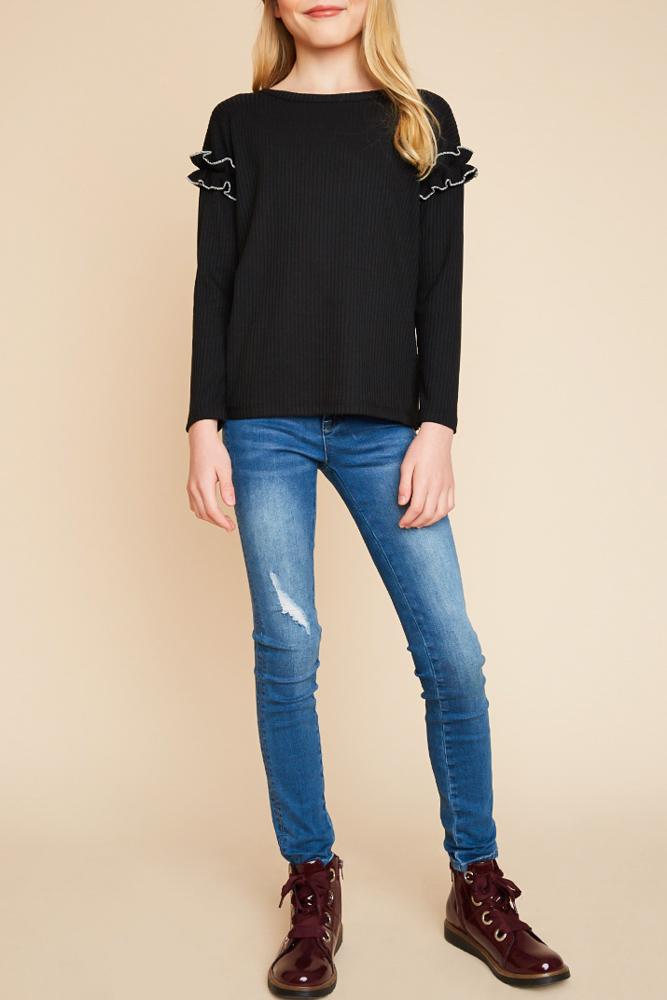 ribbed knit top with ruffle sleeve detail for tween girls black