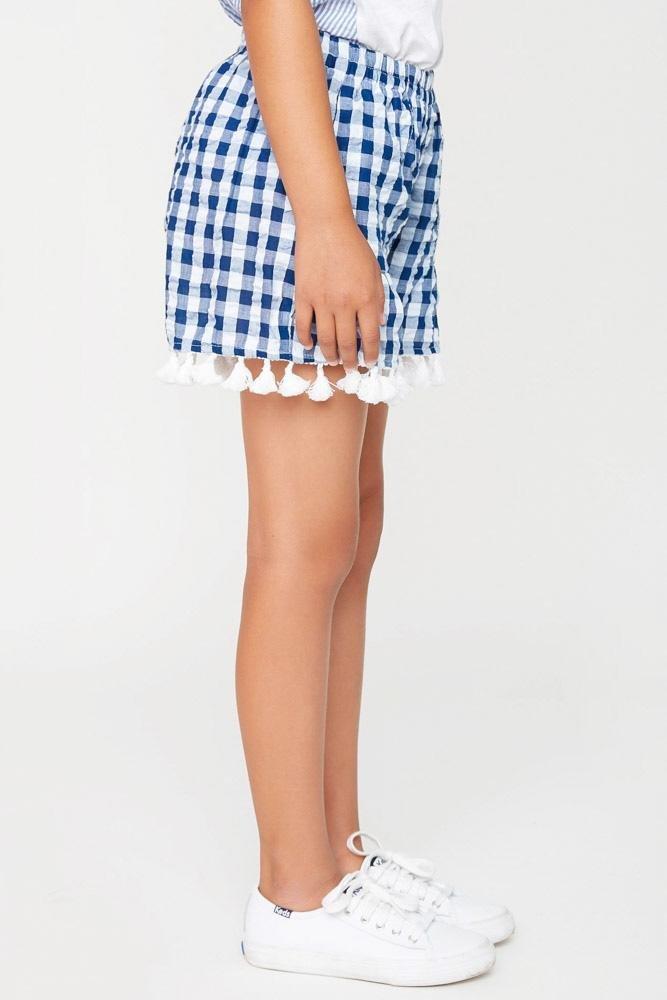 tassel trim gingham shorts for tween girls navy
