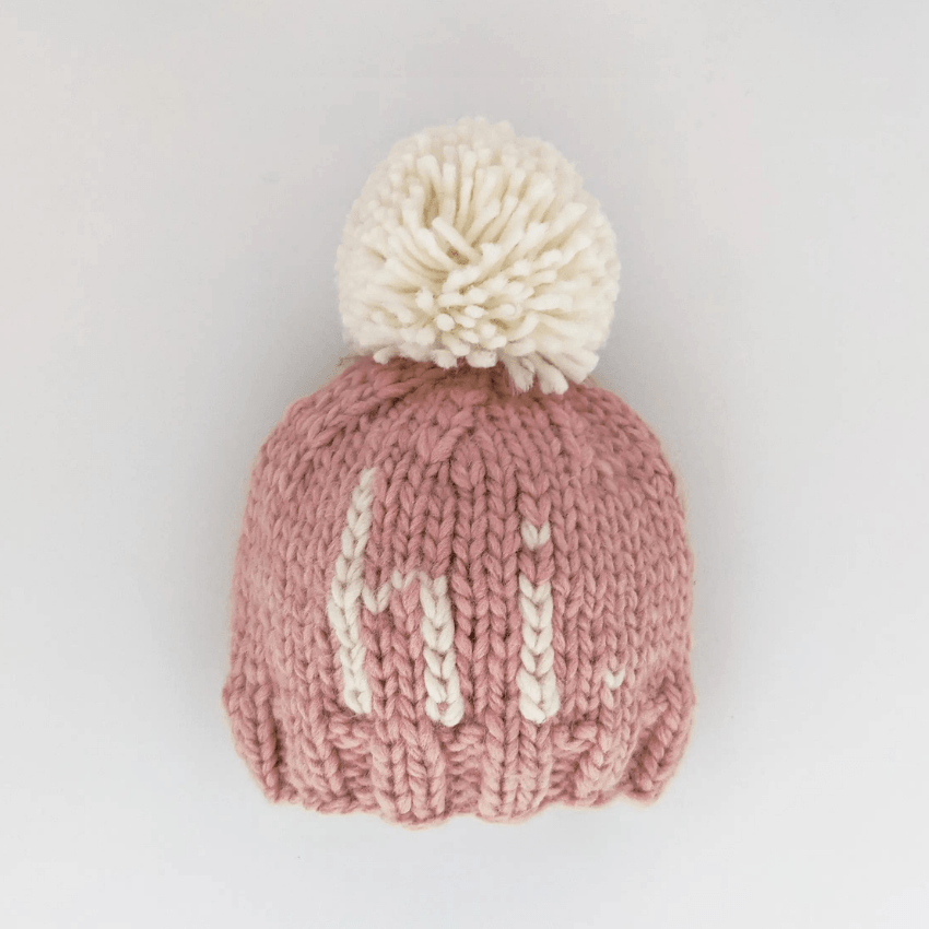 "HI" Knit Beanie Hat, Rosy