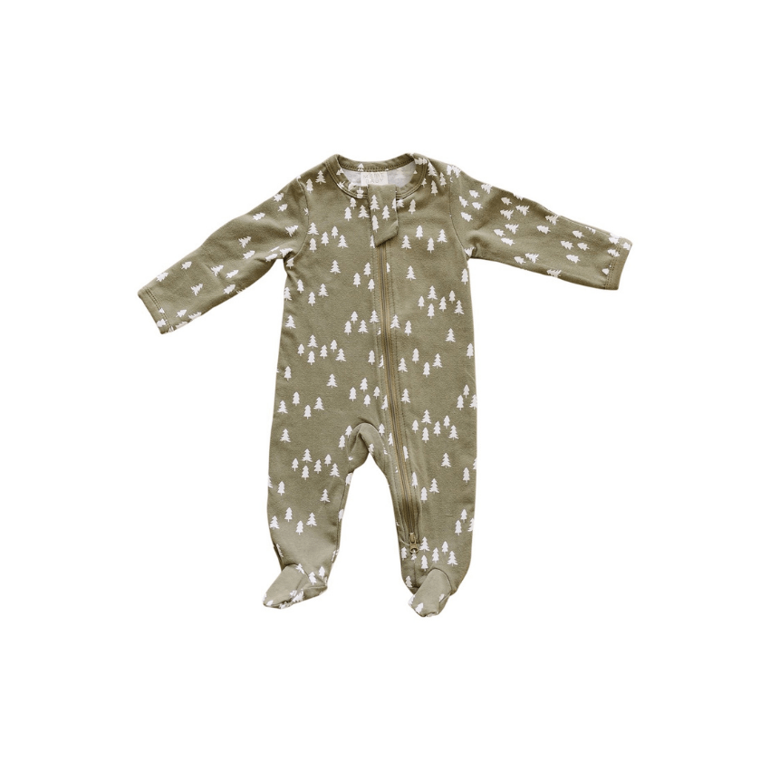Footed One-Piece Zipper, Olive Pines