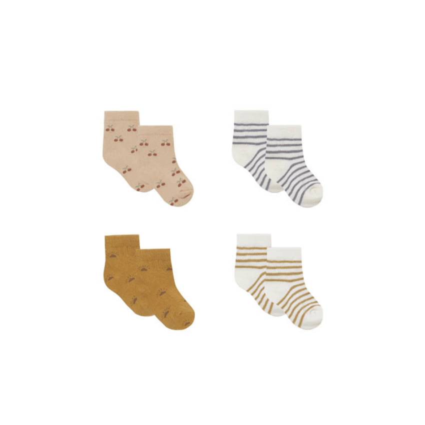 Printed Baby Socks Set (Cherries, Ocre Stripe, Suns, Indigo Stripe)