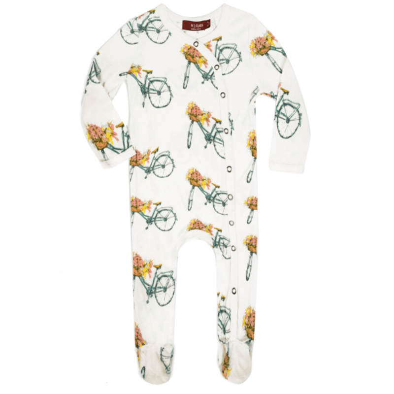 bamboo footed romper, floral bicycle