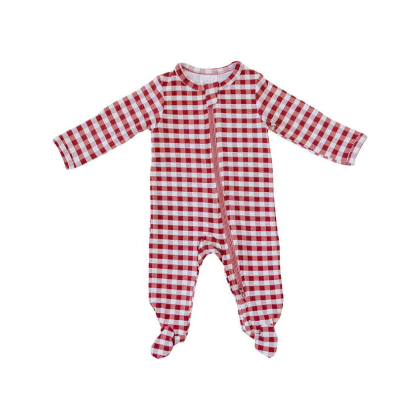Footed One-Piece Zipper, Red Gingham