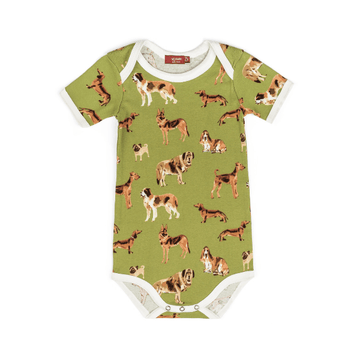 organic short sleeve one-piece in green dogs