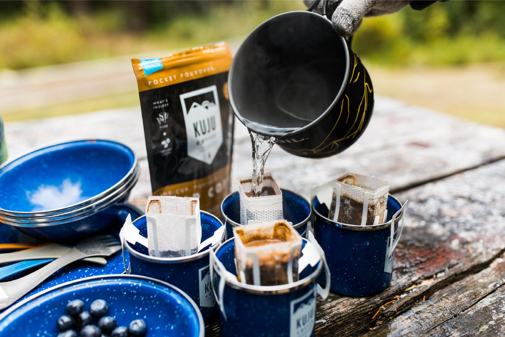 pour over coffee with breakfast while camping