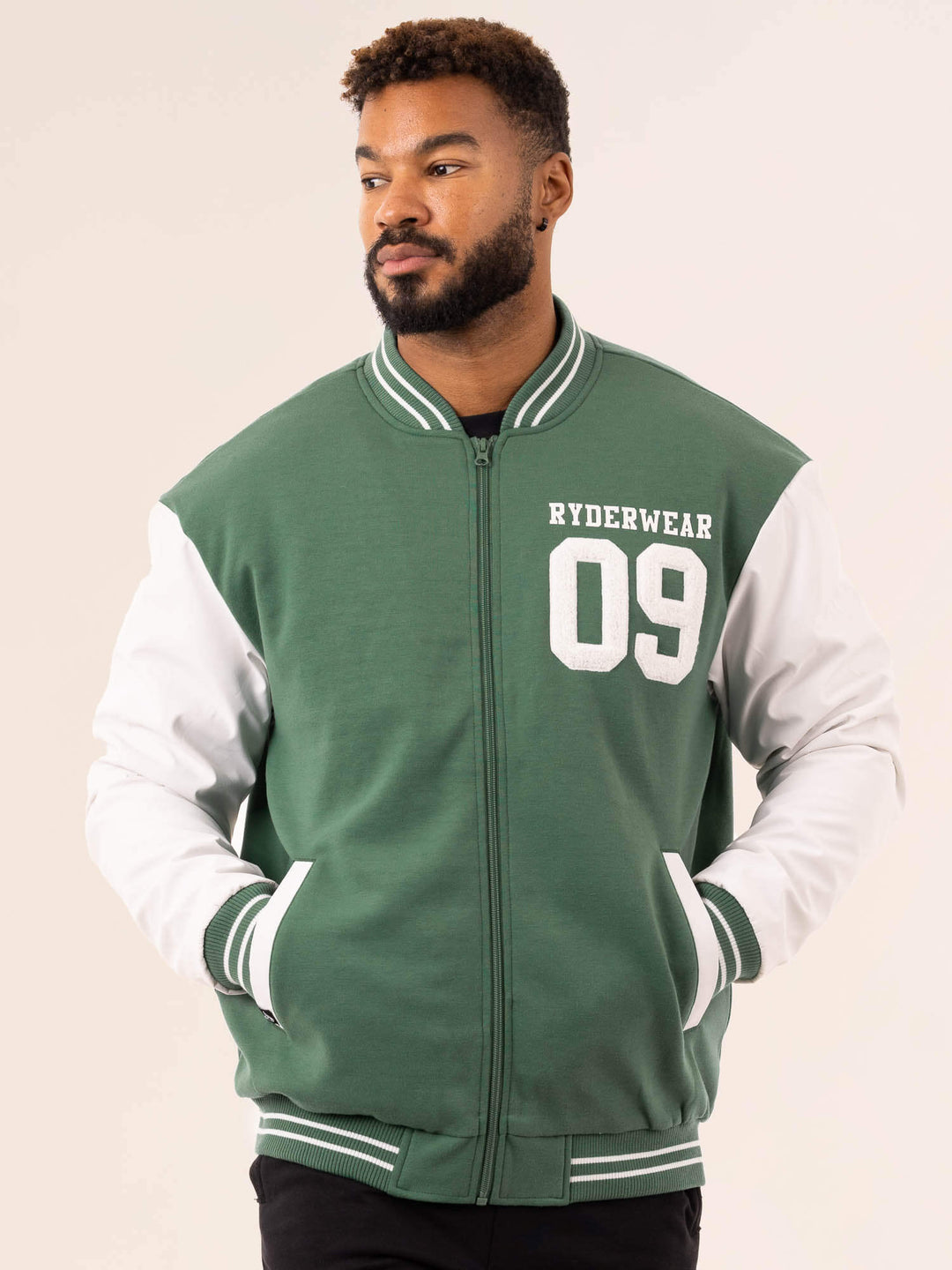 Varsity Bomber Jacket - Green/Vanilla Clothing Ryderwear 