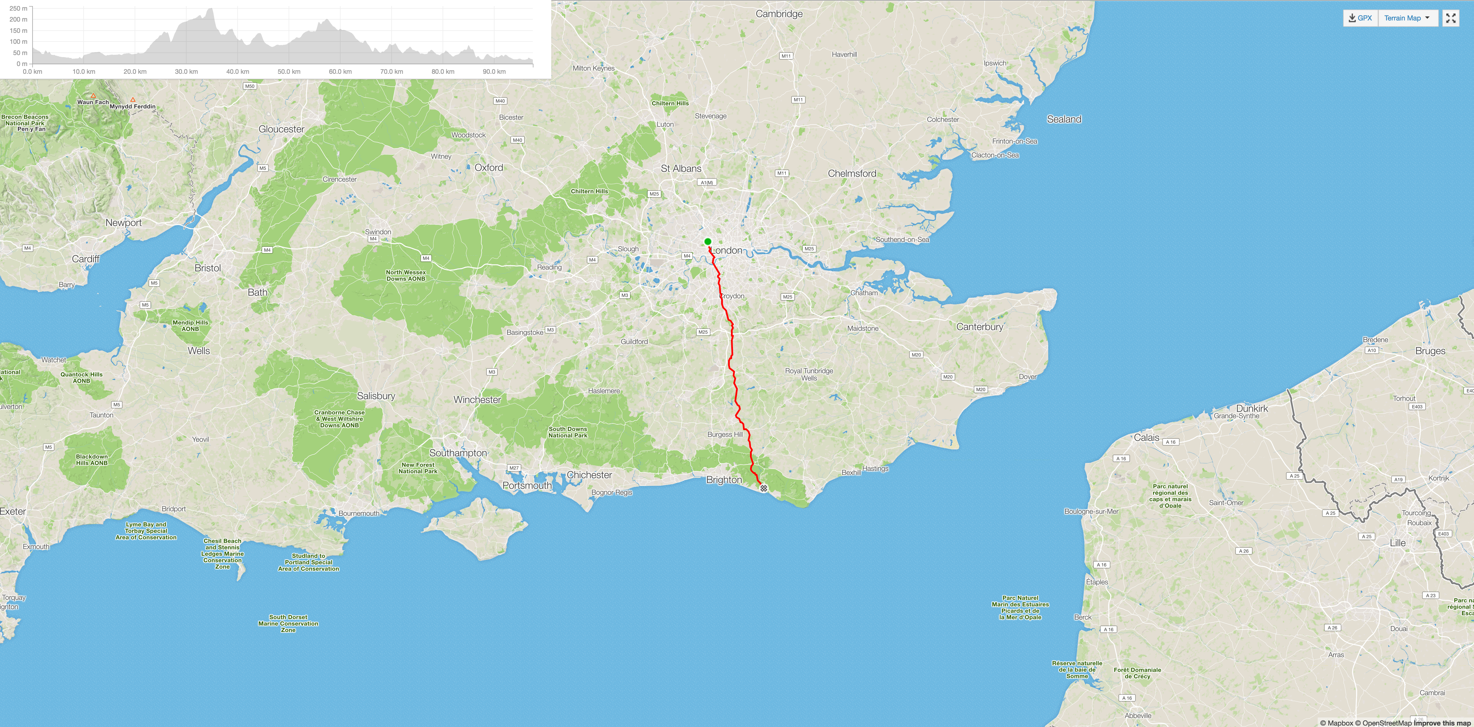 Chris' strava file shows the first leg of his London to Paris journey