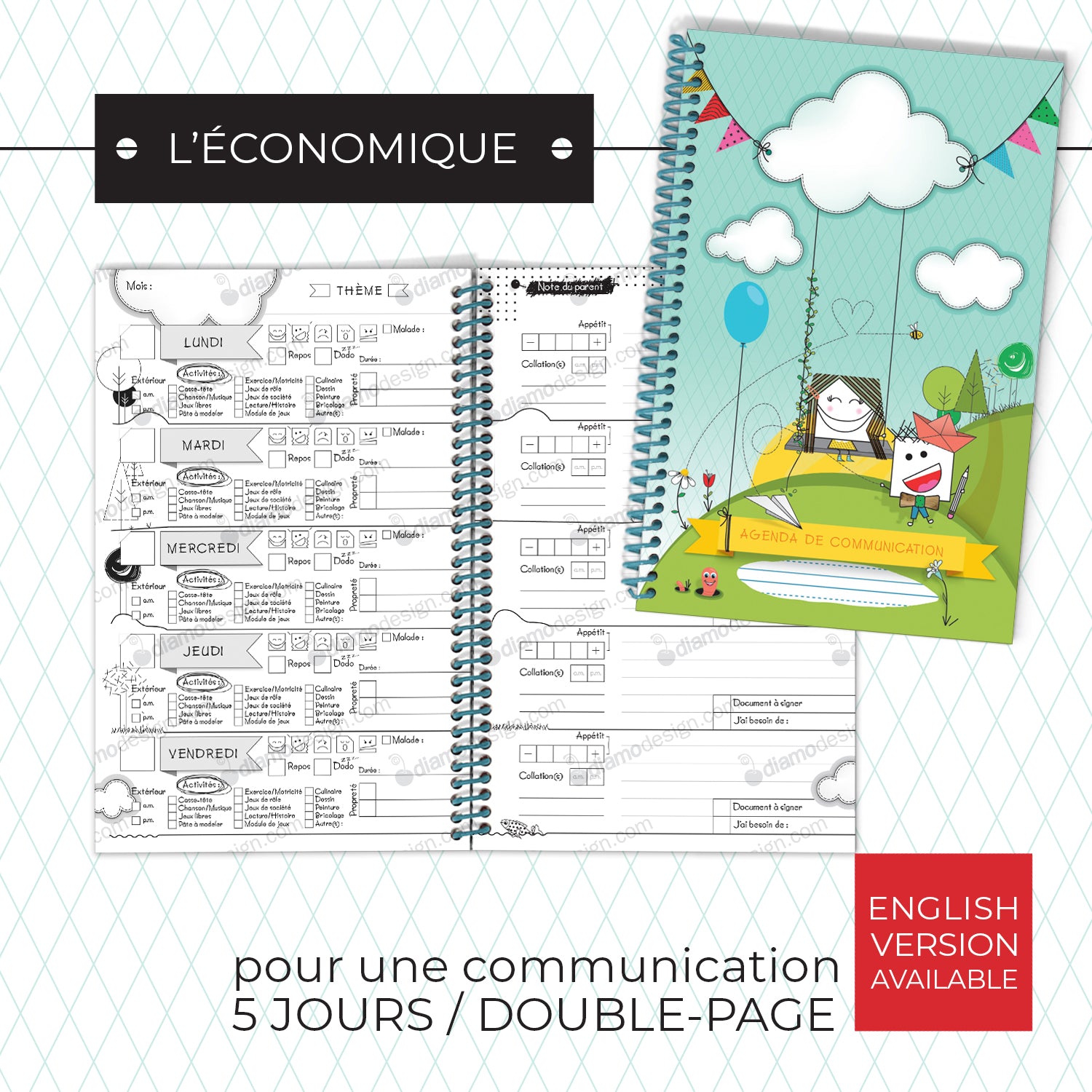 Couverture et semaine de l'agenda de communication de Diamodesign | Daycare Communication Diary also available.