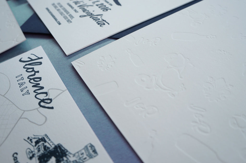 Letterpress printed hand lettered wedding invitation Italian wedding And Here We Are