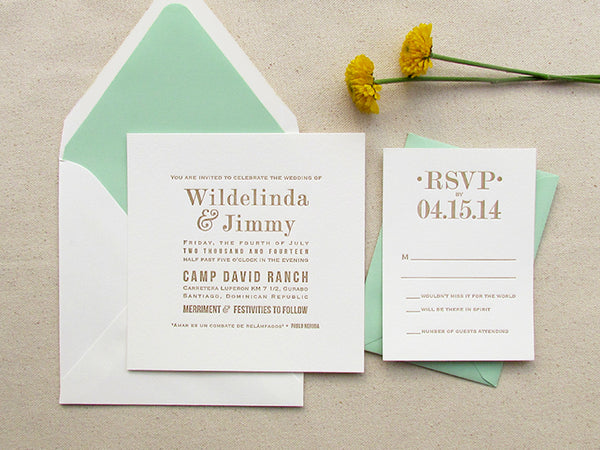 letterpress wedding invitations mint and gold