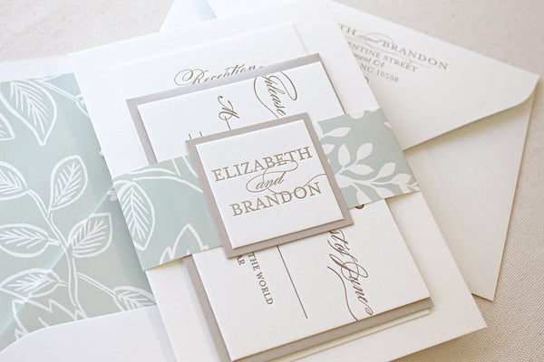 letterpress wedding invitation suite belly band spearmint