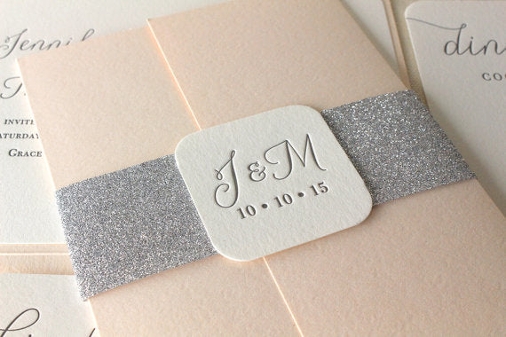 letterpress wedding invitation willow suite belly band glitter