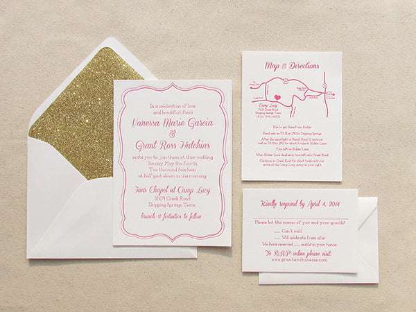 letterpress wedding suite pink and gold