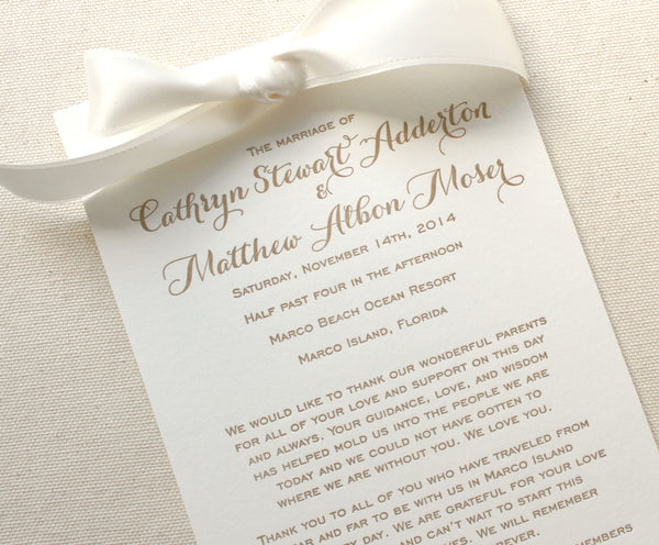 letterpress wedding program ribbon