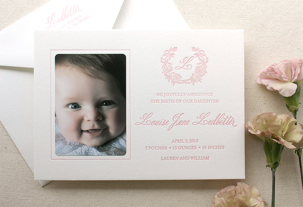 letterpress birth announcements floral wreath