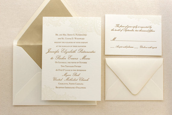 letterpress wedding invitation vintage floral lace suite