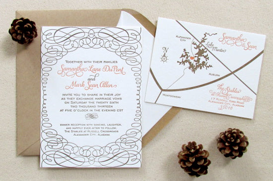 letterpress wedding invitation rustic map