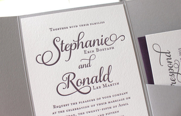 letterpress wedding invitation pocket enclosure purple grey violet