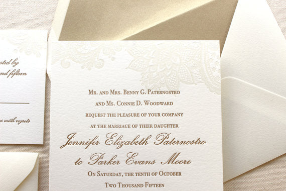 letterpress wedding invitation vintage floral lace