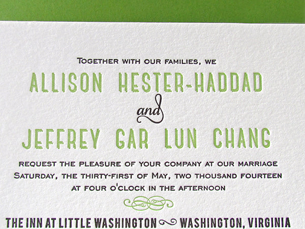 letterpress wedding invitation spring green