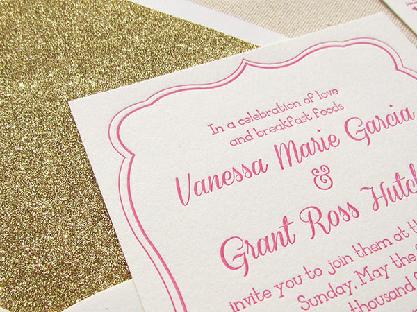 letterpress wedding invitation pink and gold glitter