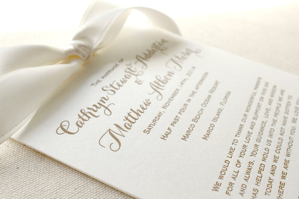 letterpress wedding invitation program ribbon